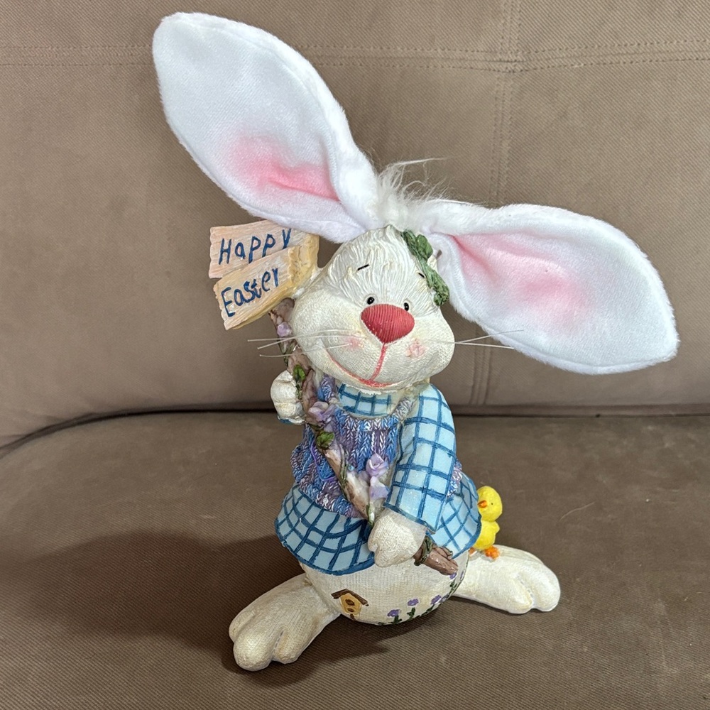 Easter Bunny Figurine Resin Decor - White with Blue Jacket